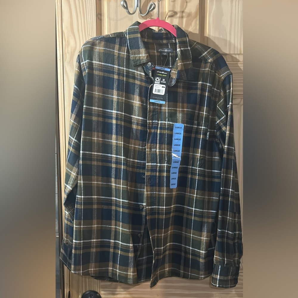 Eddie Bauer Blue and Brown Plaid Flannel Shirt